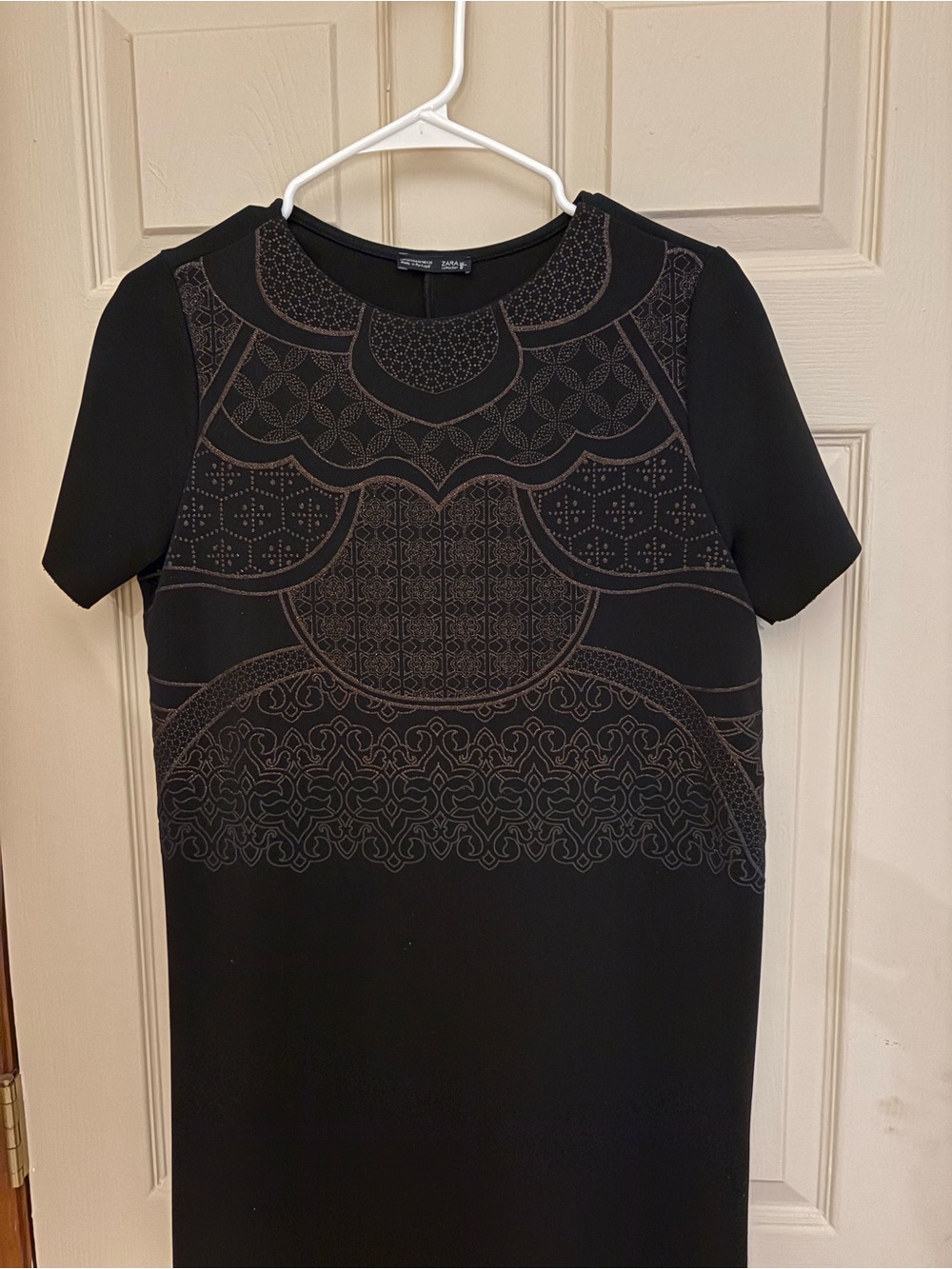 Zara Black Shift Dress with Subtle Embroidered Pattern
